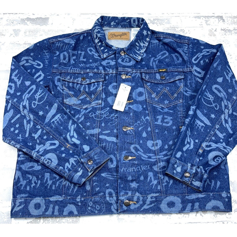 Wrangler Jacket Men XL Blue Denim Jean Deadfellaz AOP All Over Western Cowboy - Picture 1 of 14